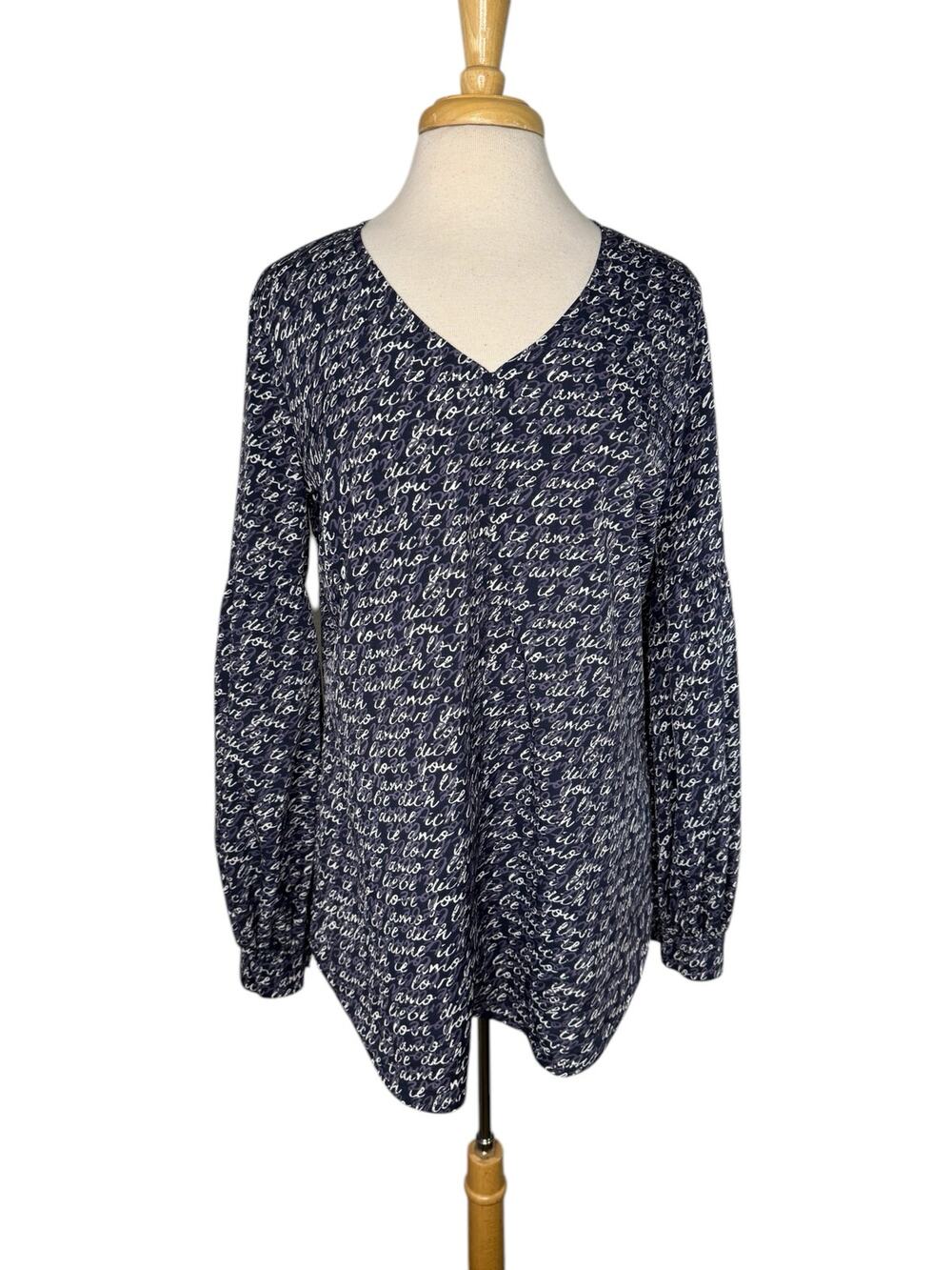 CABI Love Te Amo Blue Handwriting Blouse Size Medium Womens Career Office #5336